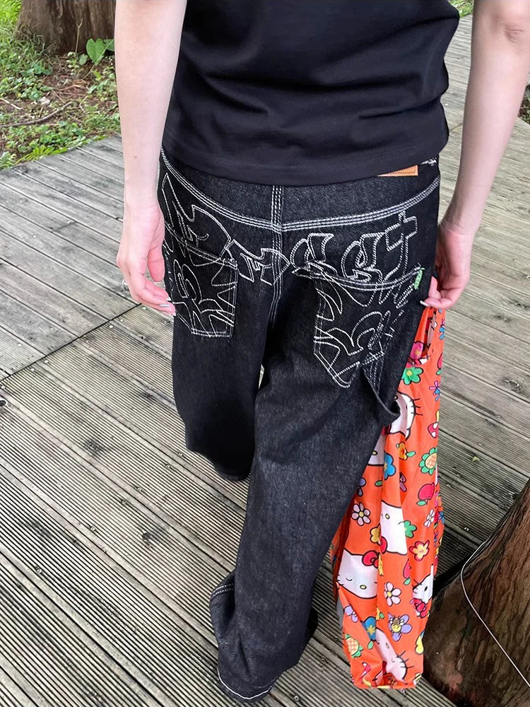 Y2K Embroidered Wide-Leg Jeans – Black High Waist
