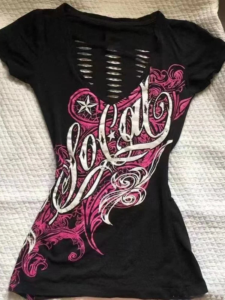 Y2K Purple Print T-Shirt Women