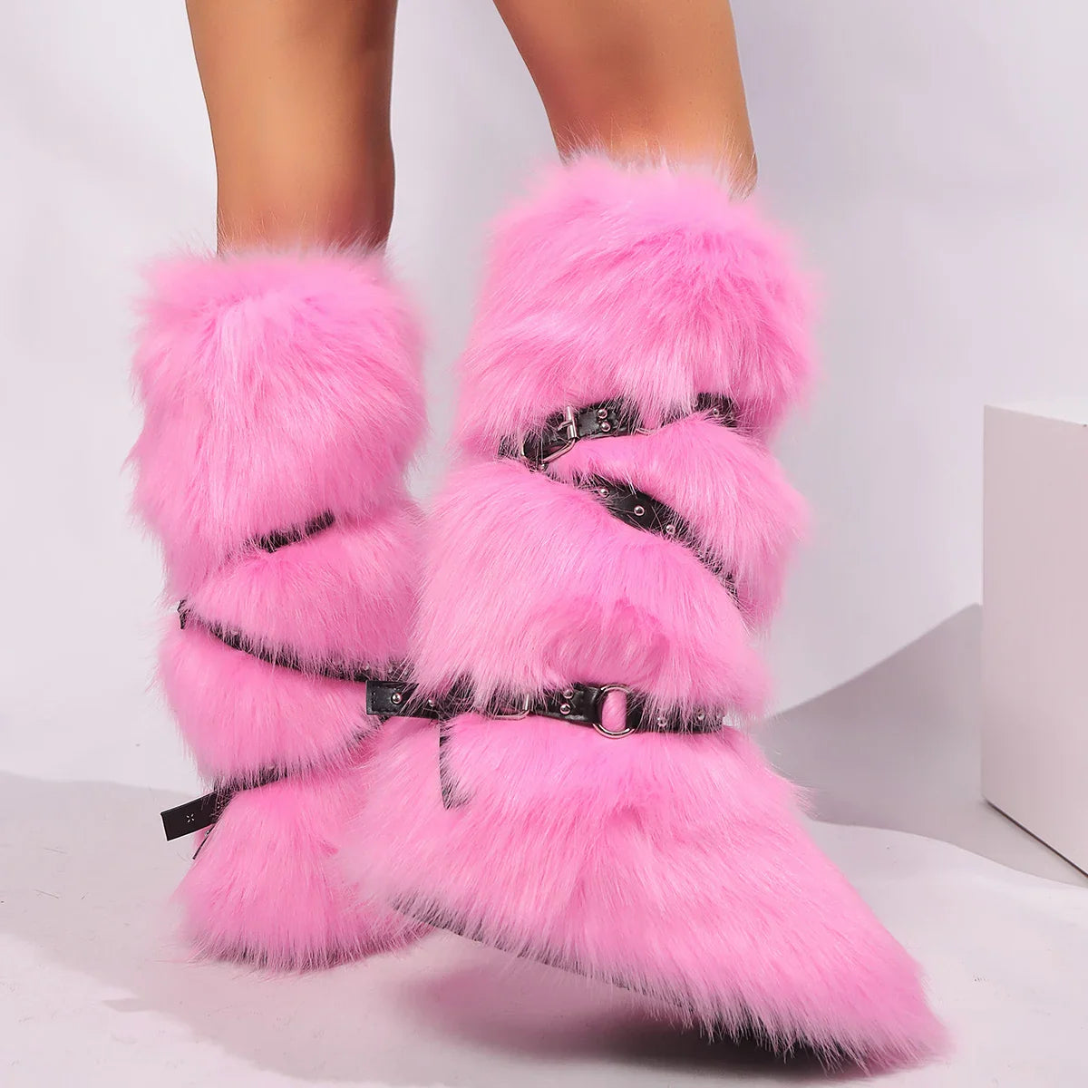 Fluffy Y2K Buckle Winter Boots
