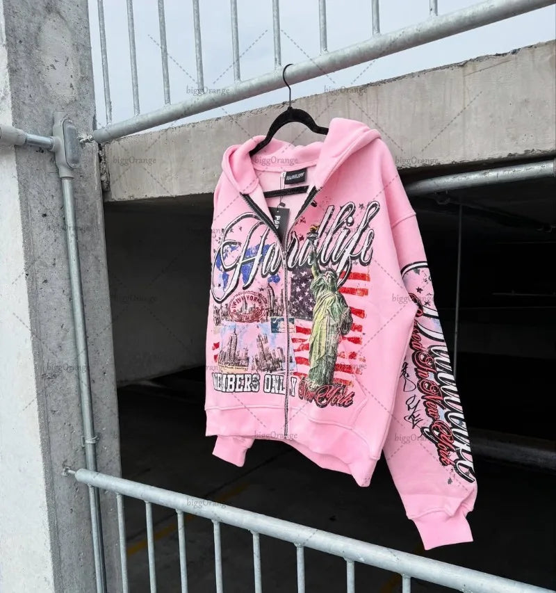 Retro Letter Oversize Zip Hoodie – Y2K Hip-Hop Streetwear