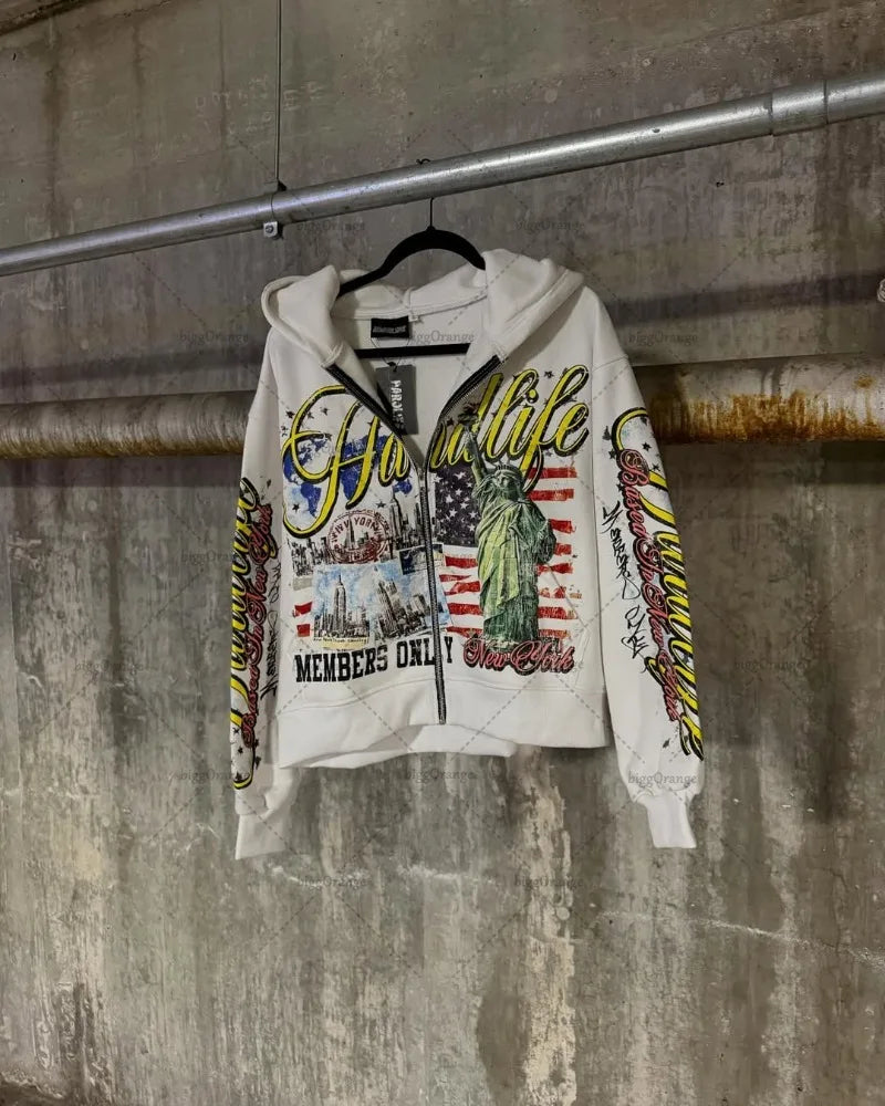 Retro Letter Oversize Zip Hoodie – Y2K Hip-Hop Streetwear