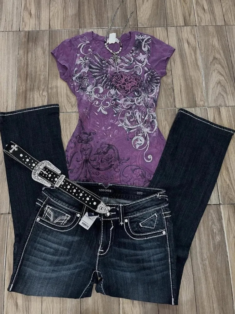 Y2K Purple Print T-Shirt Women