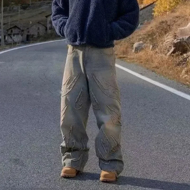 Graphic Embroidered Baggy Jeans – Retro Streetwear Wide-Leg