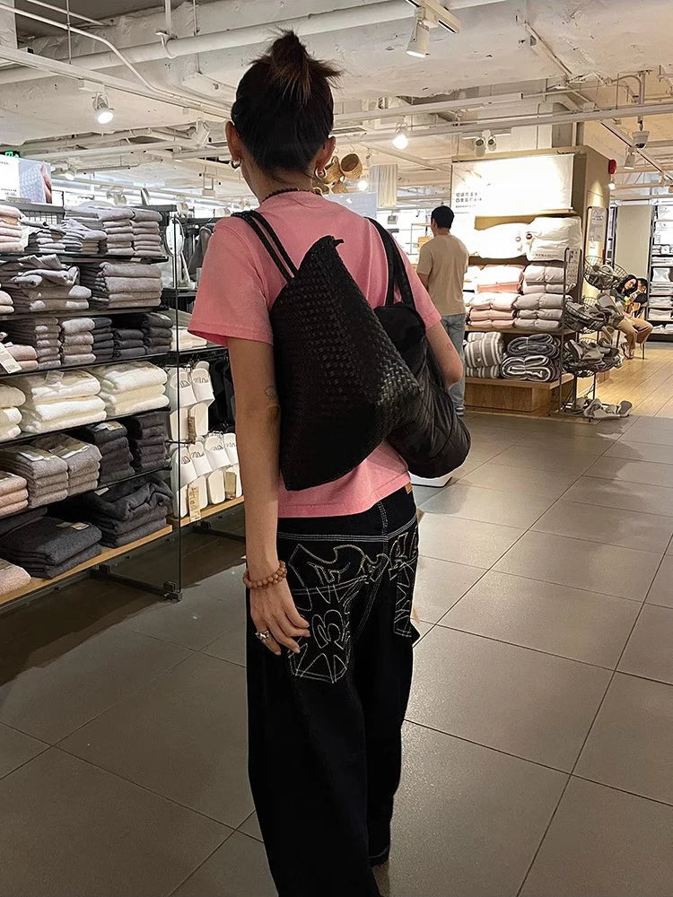 Y2K Embroidered Wide-Leg Jeans – Black High Waist