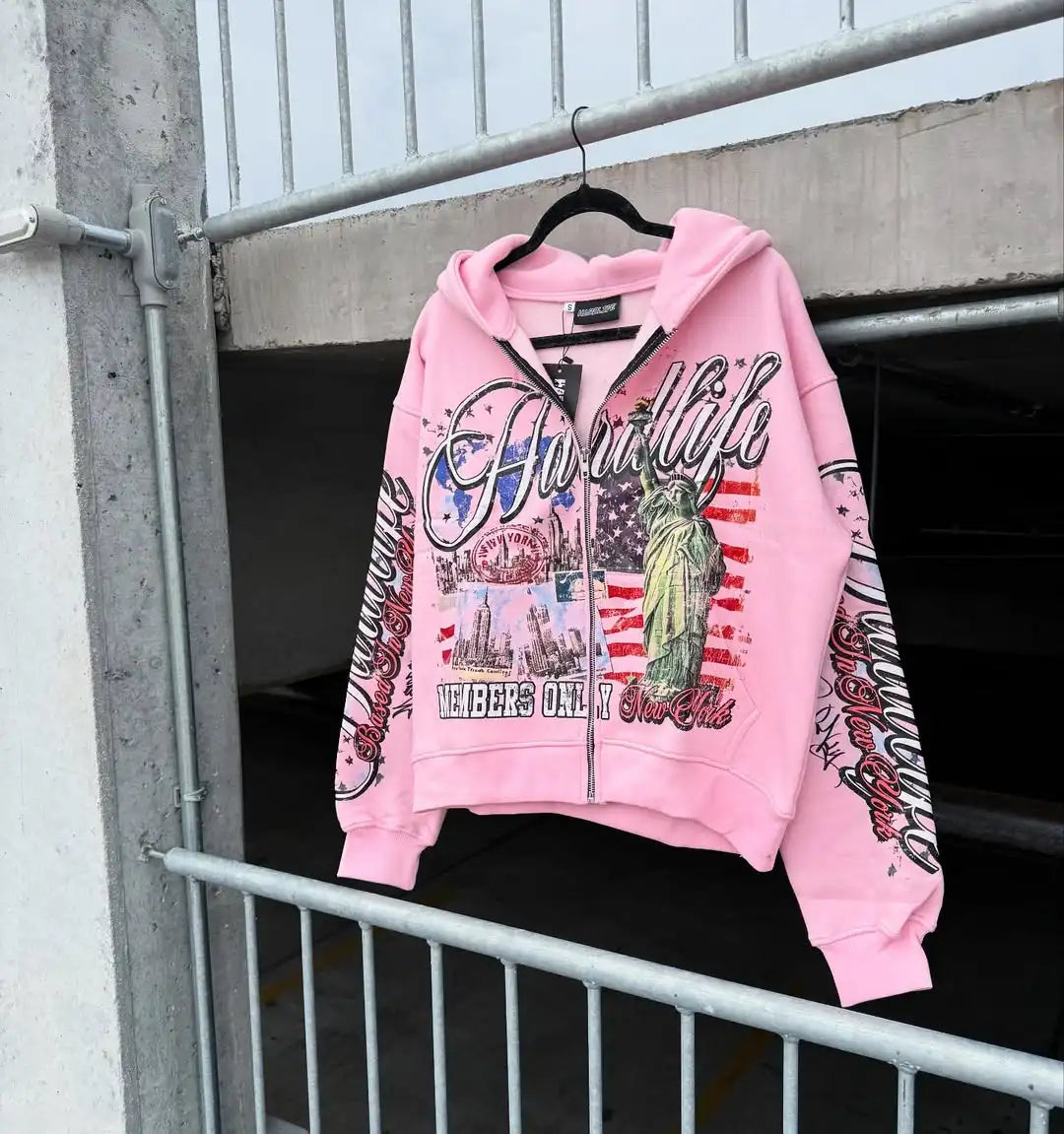 Retro Letter Oversize Zip Hoodie – Y2K Hip-Hop Streetwear