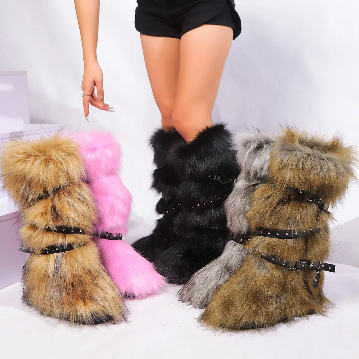 Fluffy Y2K Buckle Winter Boots