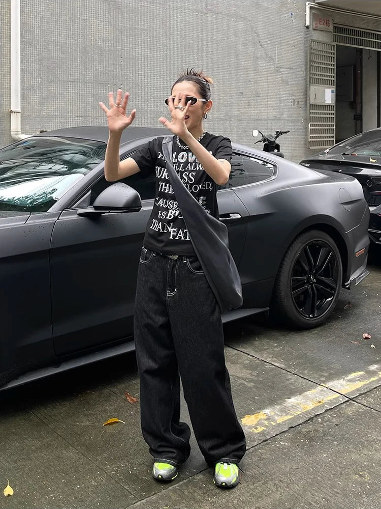 Y2K Embroidered Wide-Leg Jeans – Black High Waist