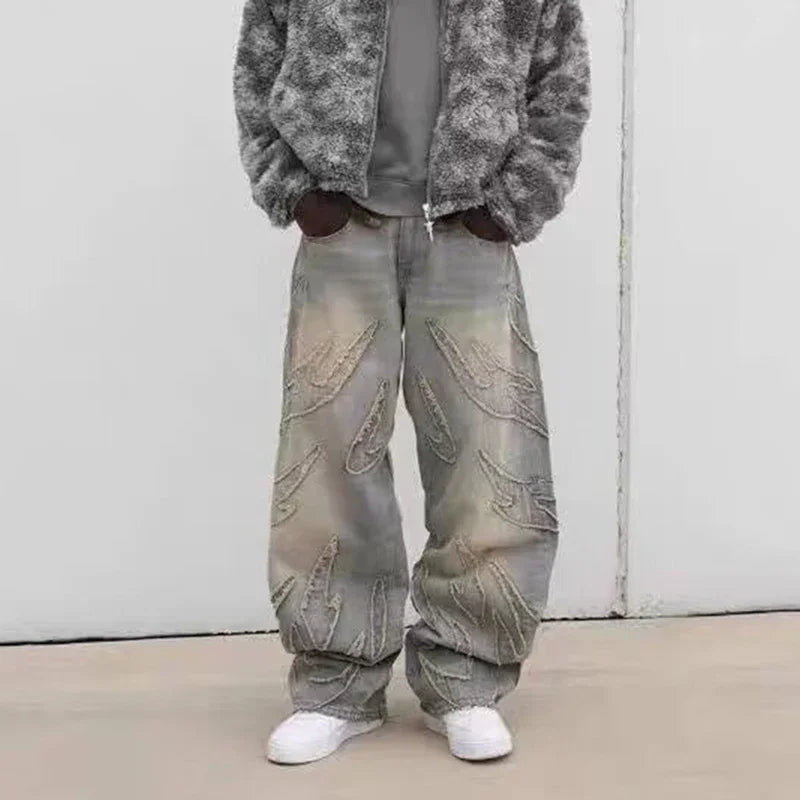 Graphic Embroidered Baggy Jeans – Retro Streetwear Wide-Leg