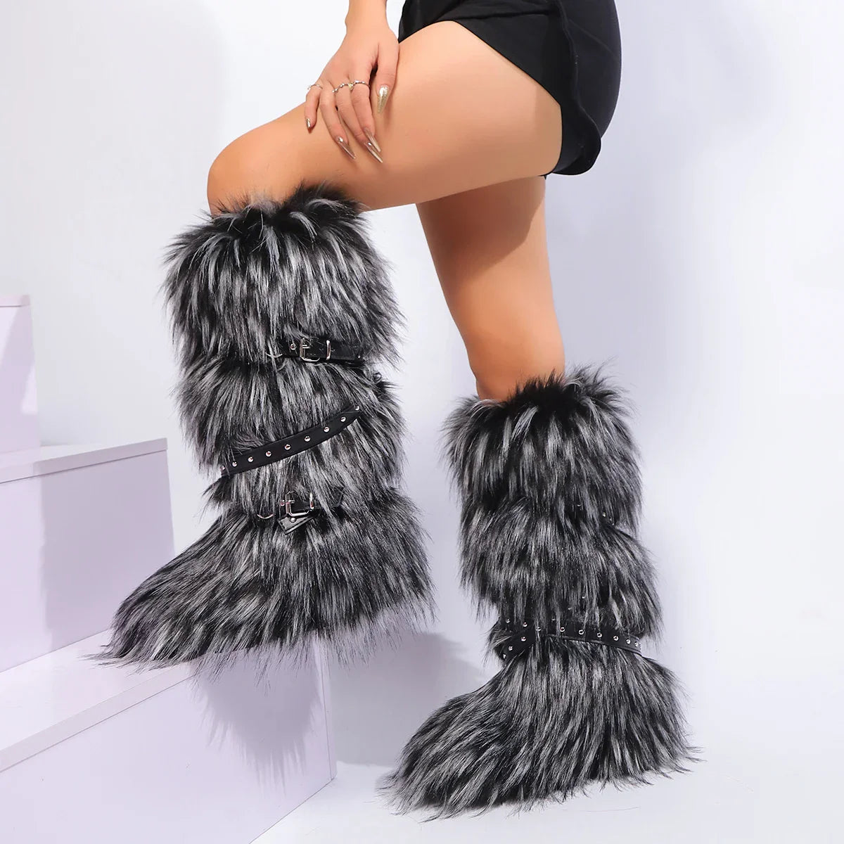 Fluffy Y2K Buckle Winter Boots