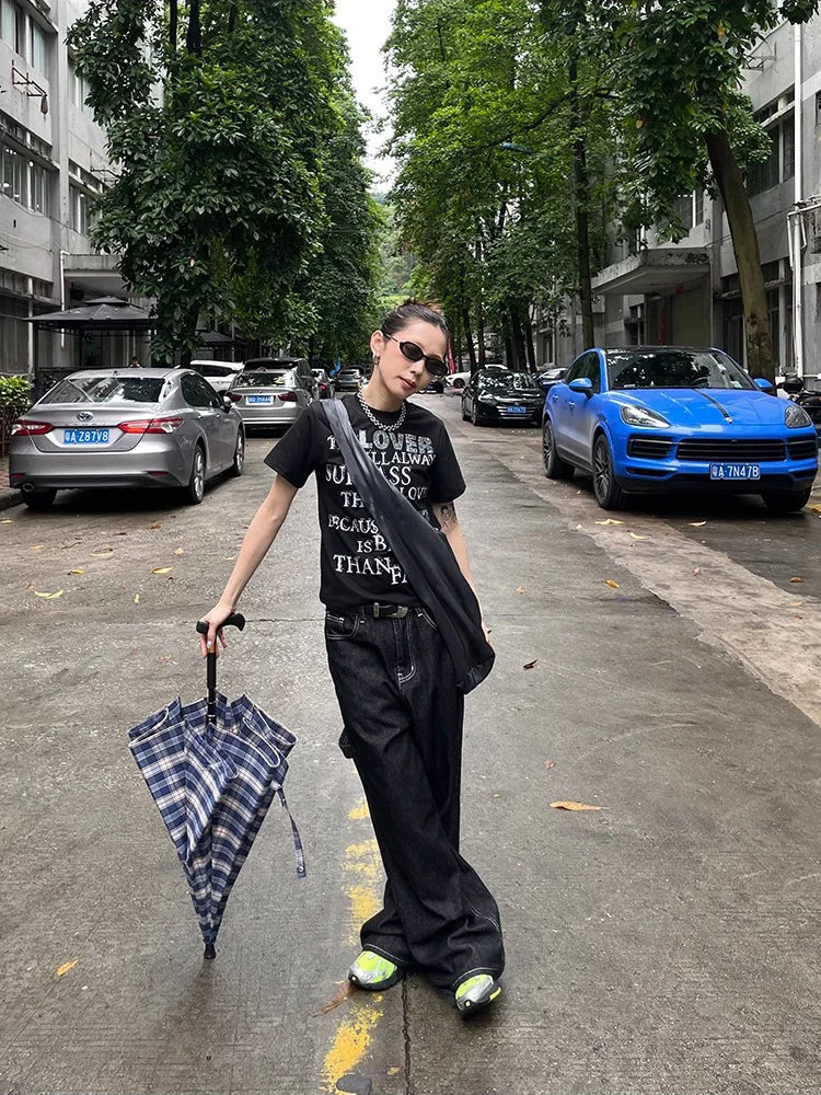 Y2K Embroidered Wide-Leg Jeans – Black High Waist