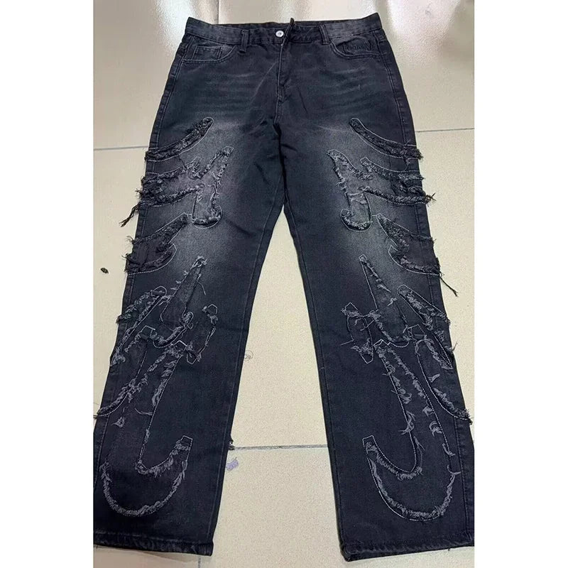 Graphic Embroidered Baggy Jeans – Retro Streetwear Wide-Leg