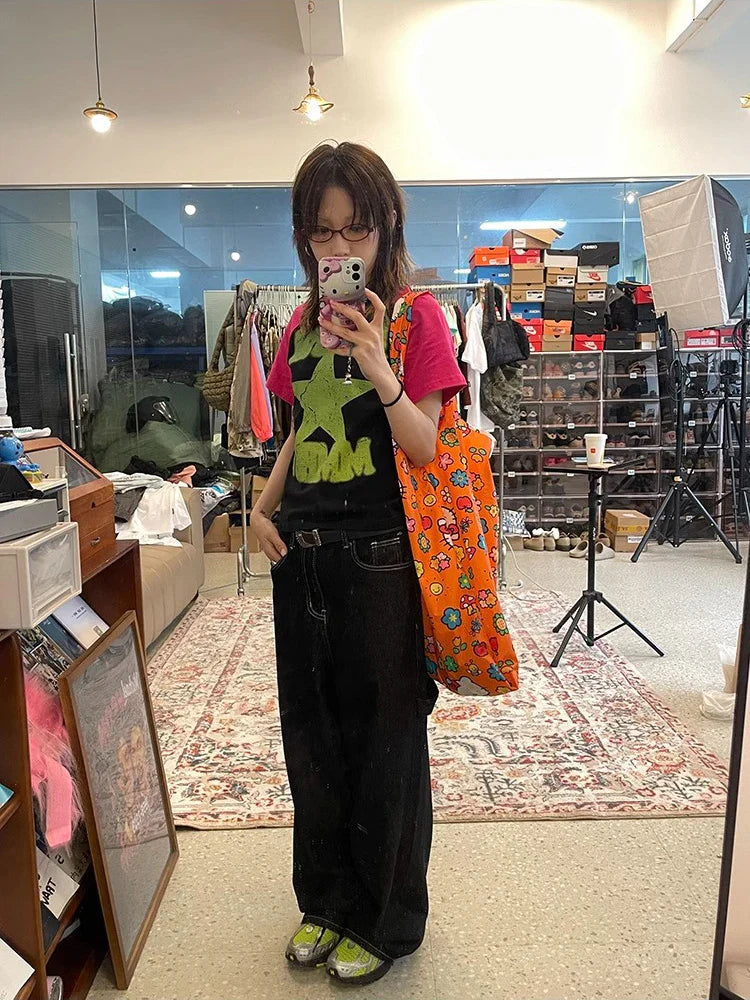 Y2K Embroidered Wide-Leg Jeans – Black High Waist