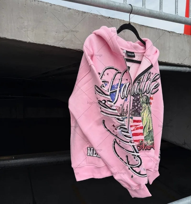 Retro Letter Oversize Zip Hoodie – Y2K Hip-Hop Streetwear