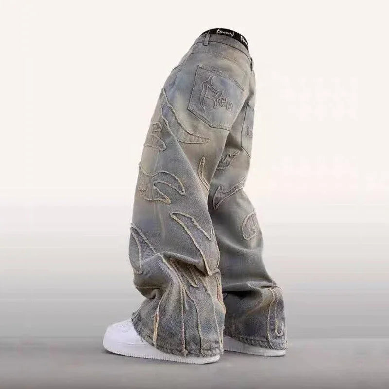 Graphic Embroidered Baggy Jeans – Retro Streetwear Wide-Leg