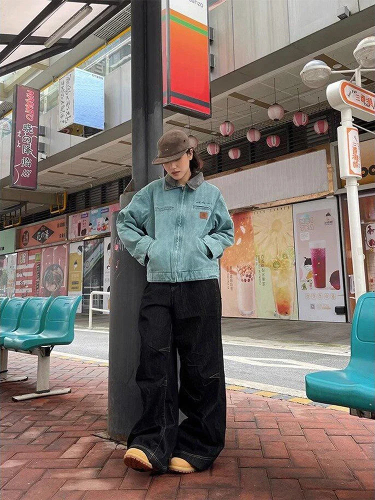 Y2K Embroidered Wide-Leg Jeans – Black High Waist