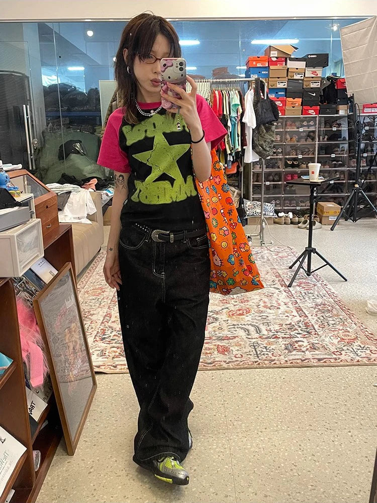 Y2K Embroidered Wide-Leg Jeans – Black High Waist