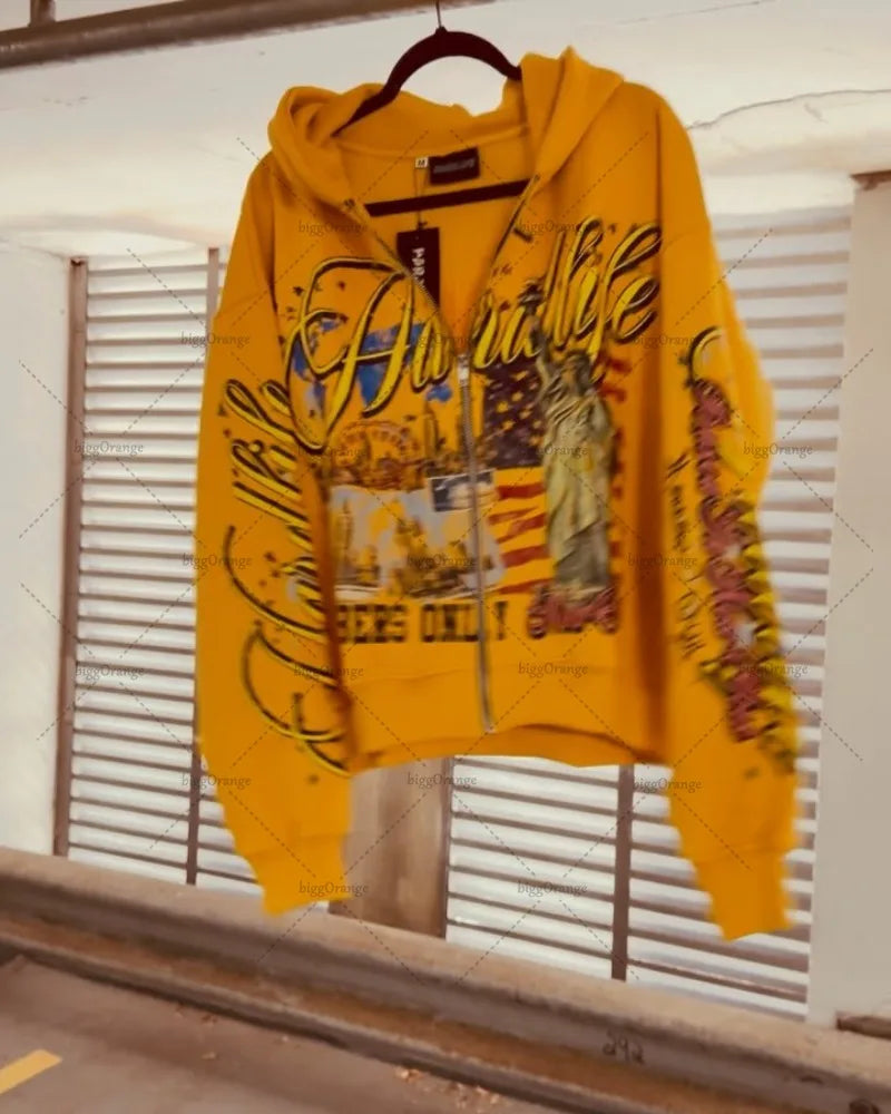 Retro Letter Oversize Zip Hoodie – Y2K Hip-Hop Streetwear
