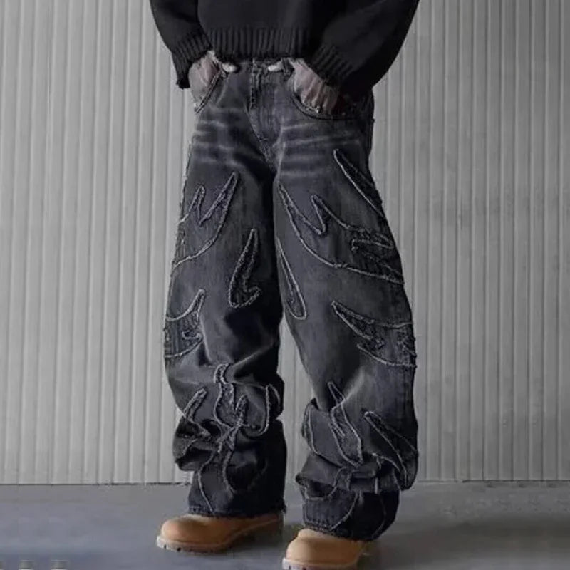 Graphic Embroidered Baggy Jeans – Retro Streetwear Wide-Leg