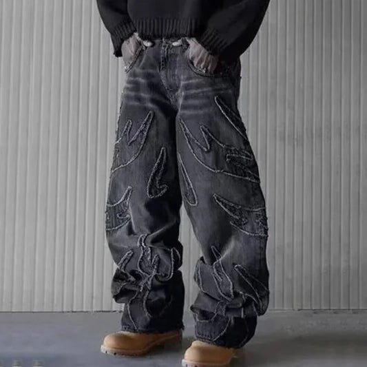 Graphic Embroidered Baggy Jeans – Retro Streetwear Wide-Leg