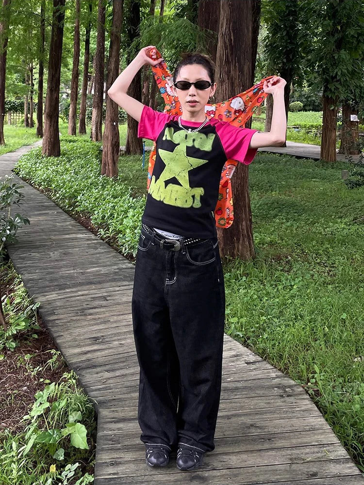 Y2K Embroidered Wide-Leg Jeans – Black High Waist